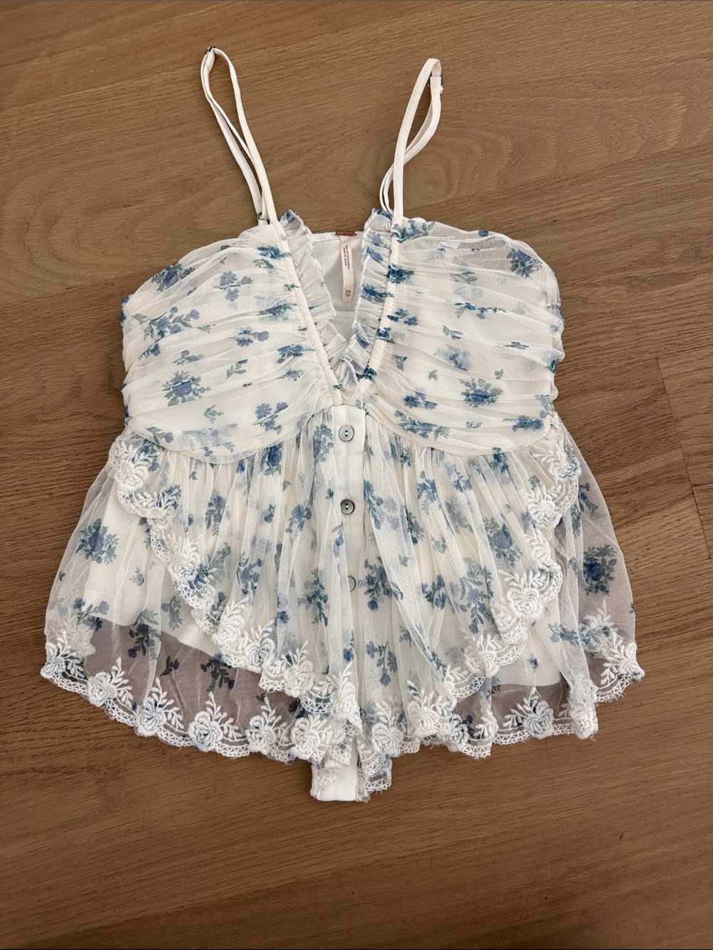 Free People White and Blue Floral Lace Top